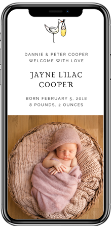 A photo birth announcement card on a smartphone screen. The top half has the birth details of a new-born baby. The bottom half has a colour photo.