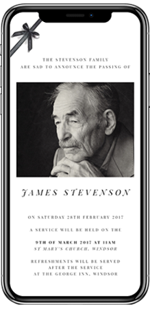 A black and white funeral announcement card on a smartphone screen. The funeral invitation has a photo of an elderly man and a black ribbon in the corner.