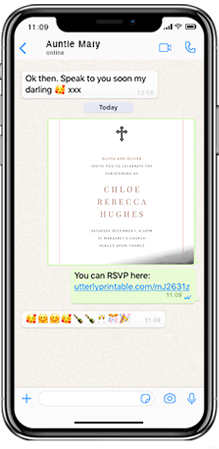 Mobile phone with WhatsApp open. An electronic christening invitation is being sent to a family member. An RSVP link is included.