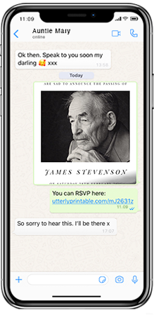 Mobile phone with WhatsApp open. An electronic funeral invitation is being sent to a family member. A wake RSVP link is included