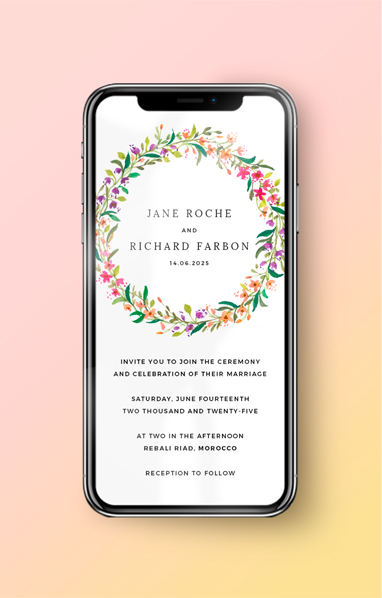 Floral digital wedding invitation displayed on smartphone