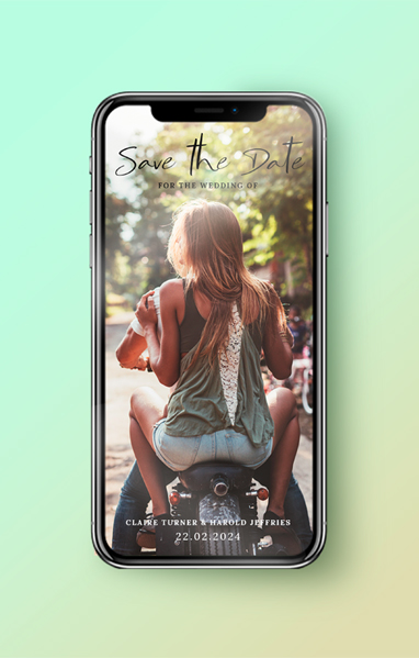 Digital photo save the date for WhatsApp displayed on iPhone screen