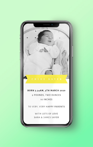 WhatsApp birth announcement design with baby photo and yellow banner on white background