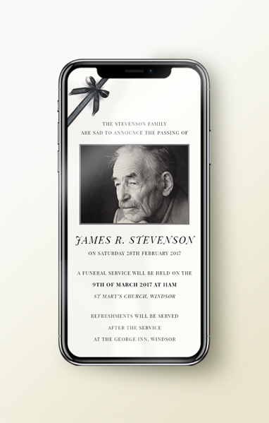 Online funeral invitation design displayed on smartphone with photo