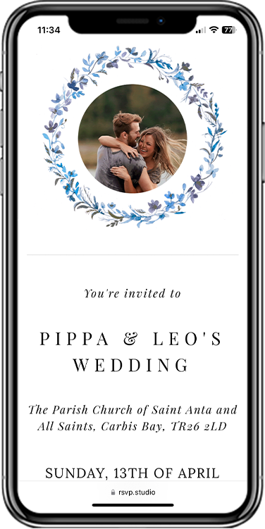 Online wedding invitation and digital RSVP service displaying wedding details