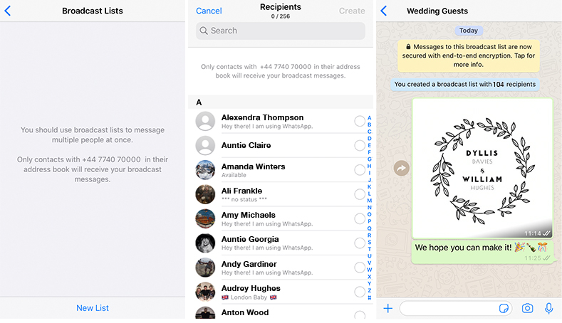 3-panel guide demonstrating how to send digital invite using WhatsApp's broadcast list