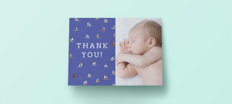 Baby thank you card with photo and blue nautical theme
