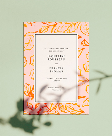 An autumnal wedding save the date named `falling foliage`. It is printed in portrait format.