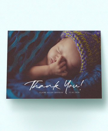 A beautiful baby thank you card named `up the side`. It is printed in portrait format.