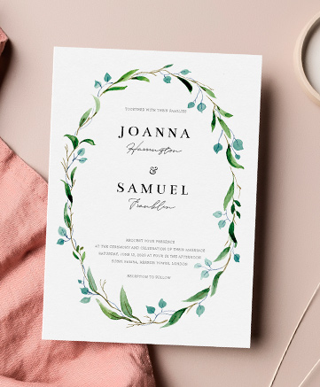 A beautiful wedding invitation named `thin watercolour wreath`. It is printed in portrait format.