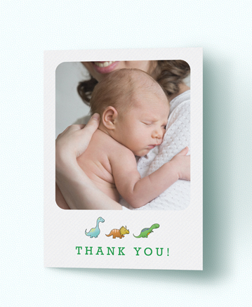 A cool baby thank you card named `babysaurus`. It is printed in portrait format.