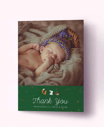 A cute baby thank you card named `woodland chums`. It is printed in portrait format.