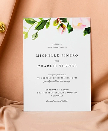 An elegant wedding invitation named `rose roof`. It is printed in portrait format.