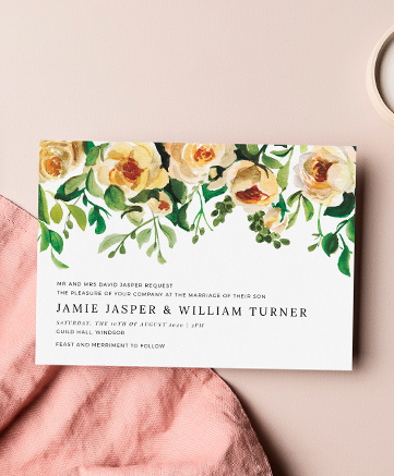 A floral wedding invitation named `rose garden wall`. It is printed in landscape format.