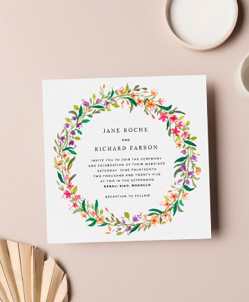 A floral wedding invitation named `spring florist`. It is printed in square format.