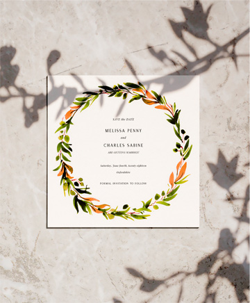 A floral wedding save the date named `watercolour olive wreat`. It is printed in square format.