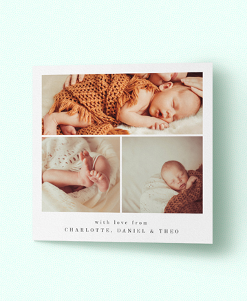 A simple baby thank you card named `3 frames`. It is printed in square format.