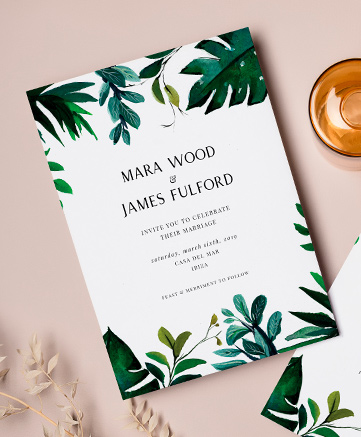 A unique wedding invitation named `gap in the jungle`. It is printed in portrait format.