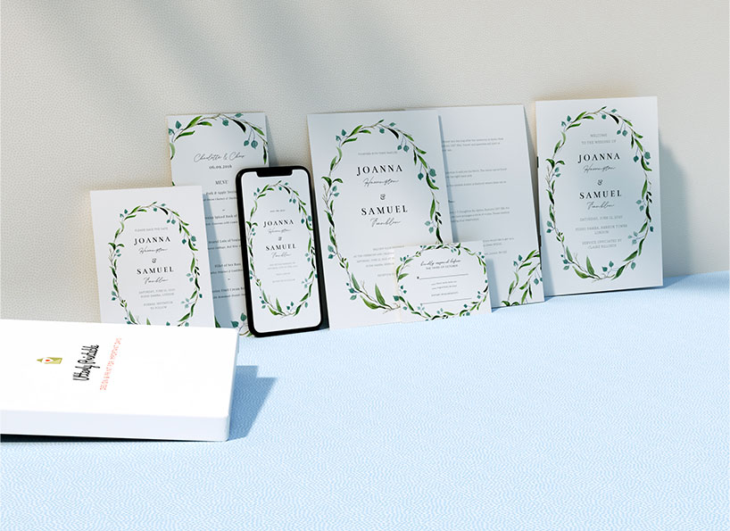 A selection of personalised wedding invitations, save the dates, RSVP cards and other stationery. All with a floral design.