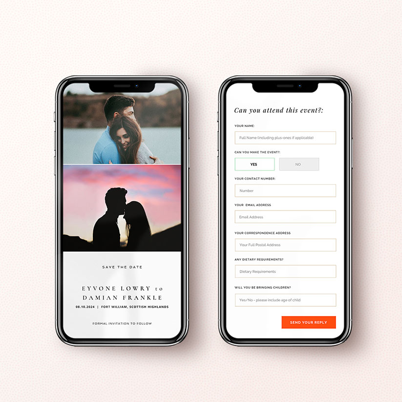 Digital wedding save the date for sending out via WhatsApp. Shows a digital RSVP screen as well