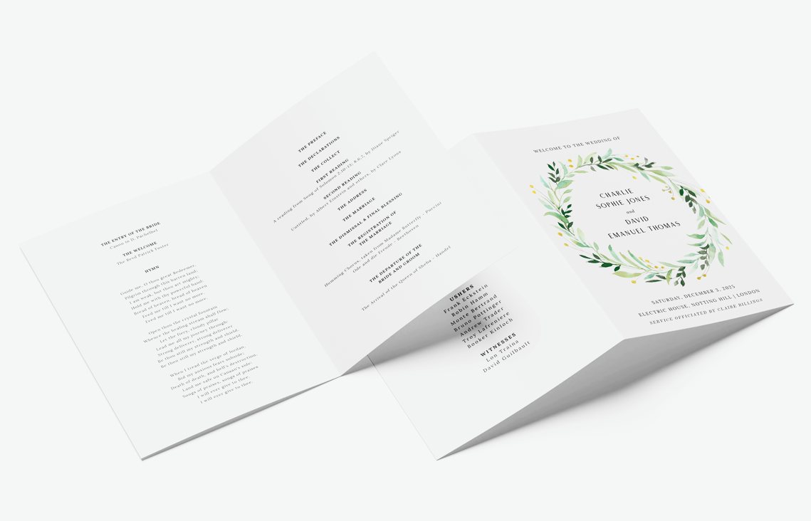 A 4-page wedding order of service design with a blue and green floral wreath.