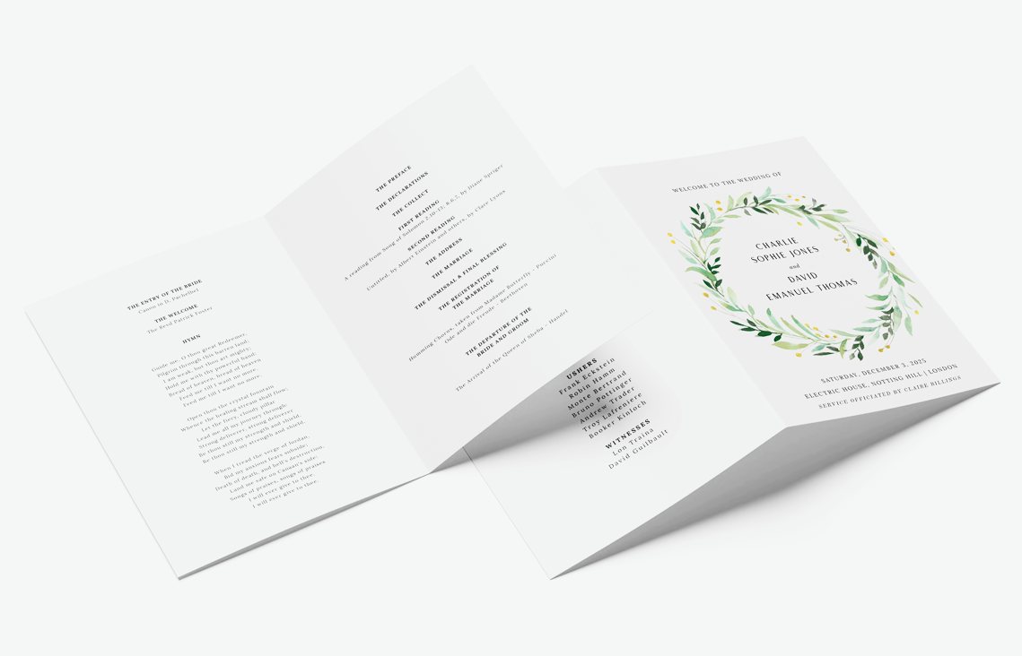 A 4-page wedding order of service design with a blue and green floral wreath. A 4-page wedding order of service design with a blue and green floral wreath.
