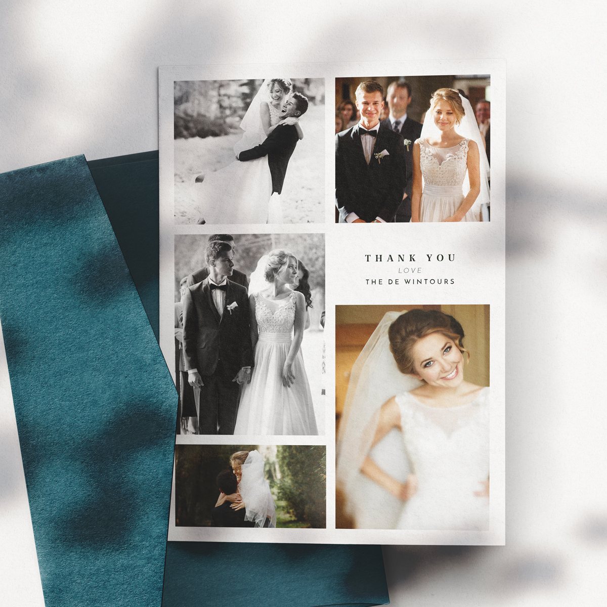 An A5 wedding thank you card with photos. This has space for 5 pictures. Beautiful card.