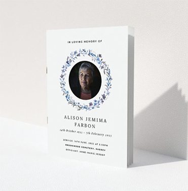 A beautiful funeral order of service programme design. Blue floral motif. A beautiful funeral order of service programme design. Blue floral motif.