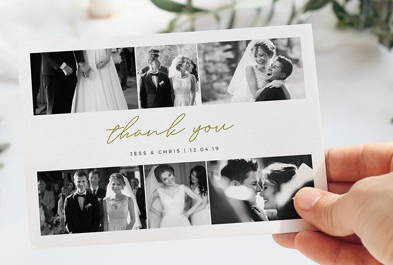 A beautiful wedding thank you card design. It is a photo thank you card with space for 6 photos. It has gold text.