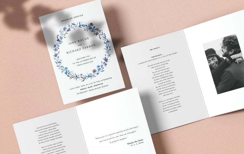 A blue floral wedding order of service design with 12 pages.