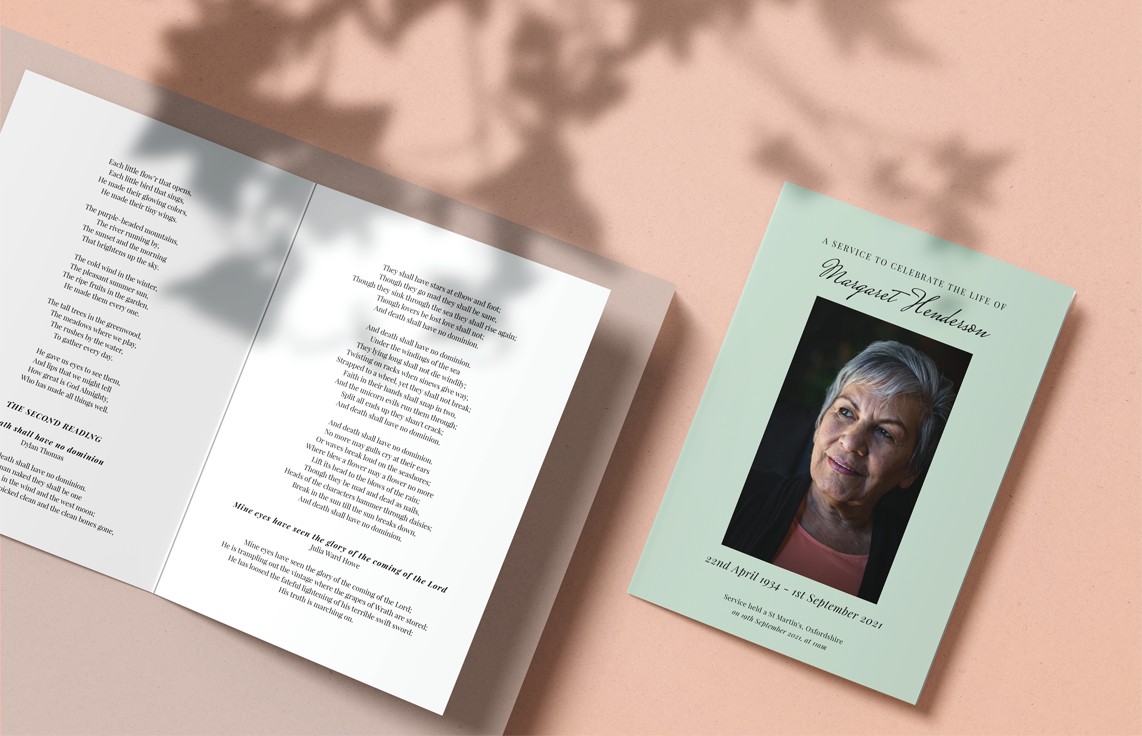 A classic funeral order of service design. This has a light green/sage colour cover. A classic funeral order of service design. This has a light green/sage colour cover.