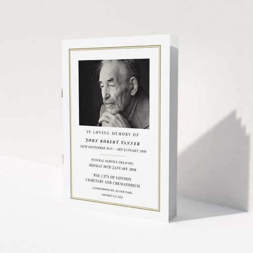 A classic funeral order of service with a large photo on the front and a gold border. A classic funeral order of service with a large photo on the front and a gold border.