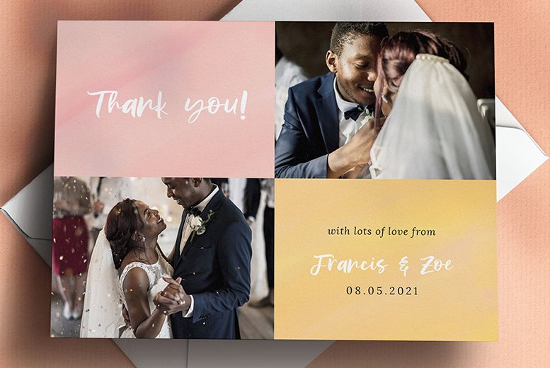 A colourful and bright wedding thank you card. Landscape. Printed with 2 photos on the front. Orange and yellow design.