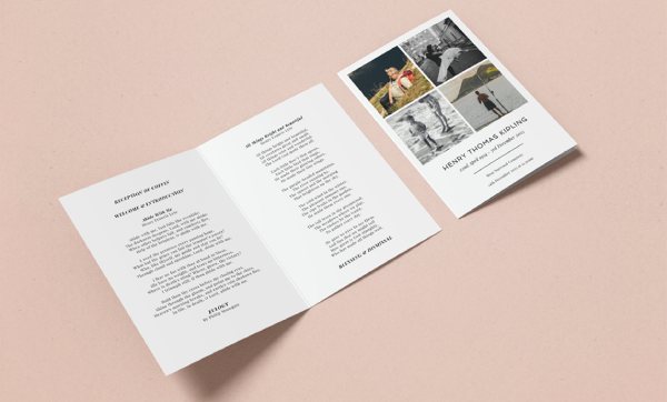A funeral order of service design. It has 4 photos printed on the front cover and ceremony details printed on the inside.