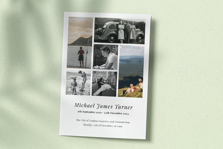 A funeral order of service printed with 6 photos on the front cover. It is a simple design with a photo collage effect.