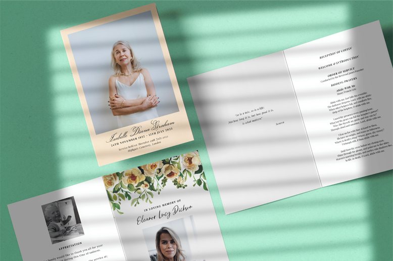 Funeral order of service designs with photos. There are 3 different designs here.