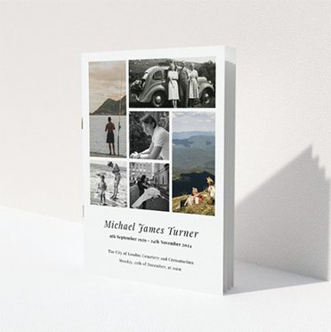 A funeral order of service with lots of photos. The cover has 6 photos printed on the front. A funeral order of service with lots of photos. The cover has 6 photos printed on the front.