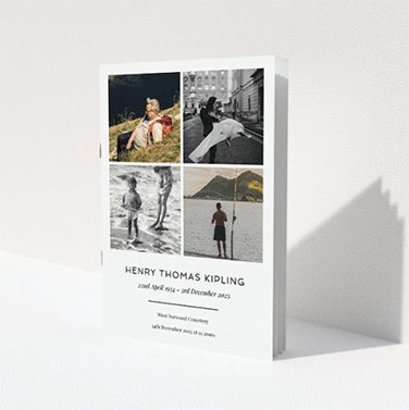 A funeral order of service with space for 4 photos on the cover. A funeral order of service with space for 4 photos on the cover.