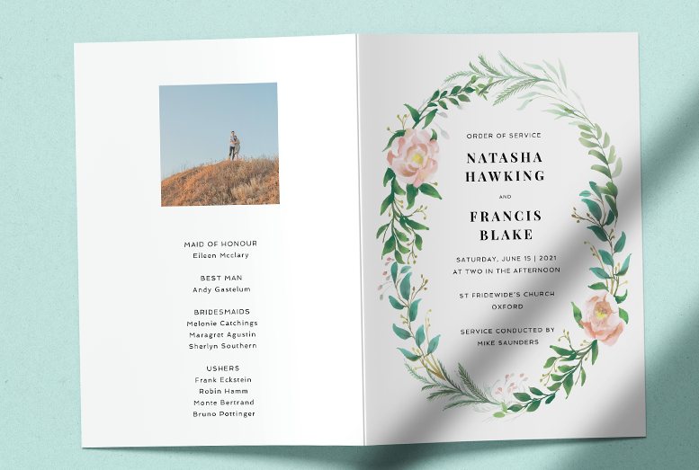 A gorgeous multipage wedding order of service. It has a small photo of the married couple printed on the back cover.