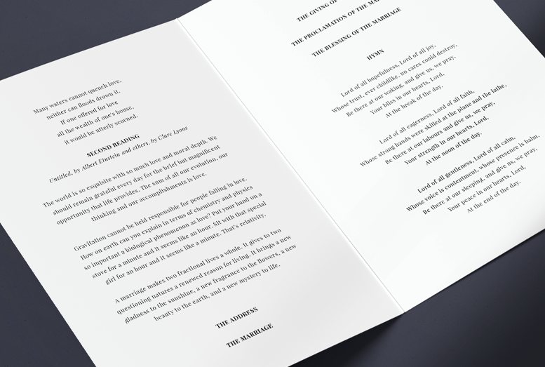 The internal pages of a wedding order of service. A5. Printed with an elegant serif font.