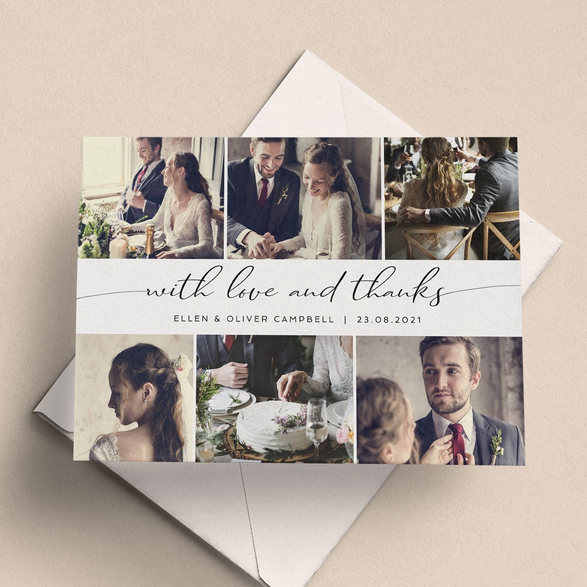 A landscape wedding thank you card with a script font in the middle section. 6 photo placeholders.