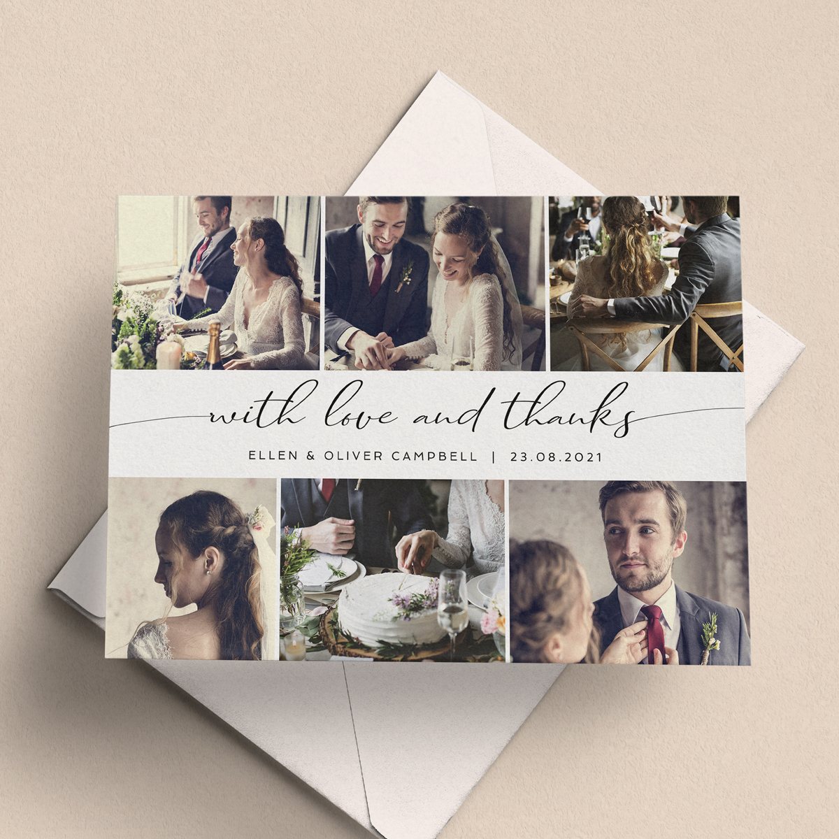 A landscape wedding thank you card with a script font in the middle section. 6 photo placeholders. A landscape wedding thank you card with a script font in the middle section. 6 photo placeholders.