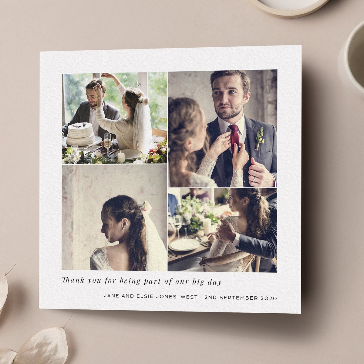 A square wedding thank you card. 4 photos and room for text. Design is called 'Stacked Photos.'