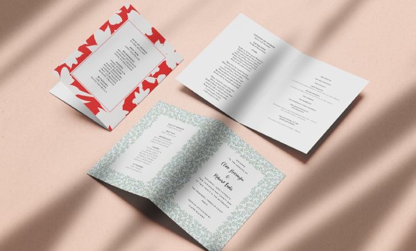 Three different wedding order of service designs showing different types of printed fonts on the cover and internal pages.