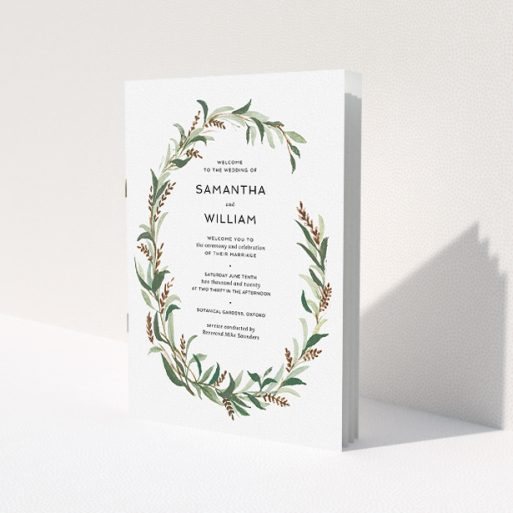 A wedding order of service with a painted green wreath around the ceremony detail. Multiple pages. A wedding order of service with a painted green wreath around the ceremony detail. Multiple pages.