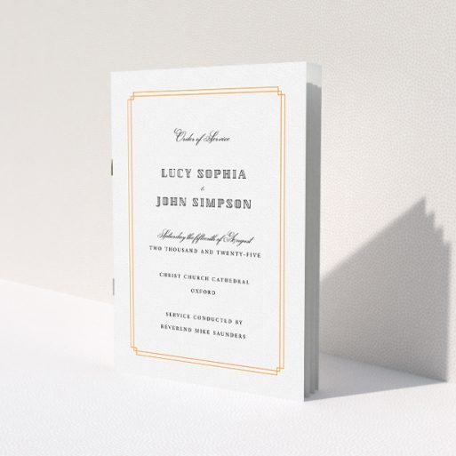 A wedding order of service with a yellow art deco themed border. A wedding order of service with a yellow art deco themed border.