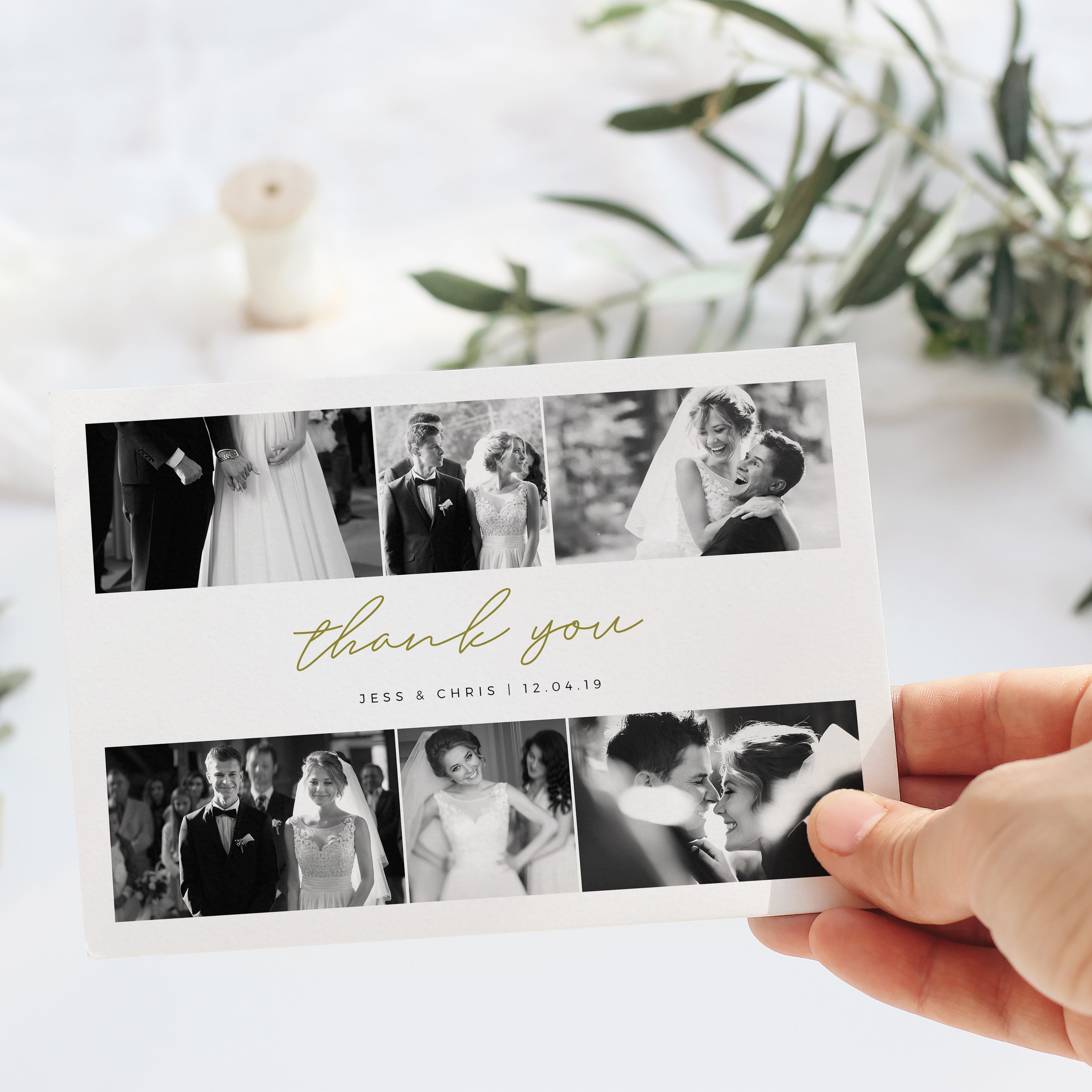 A landscape wedding thank you card with 6 black and white photos. Design is called '3-on-3.'