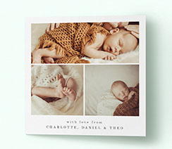 Square folded baby thank you card, printed and personalised with 3 photos