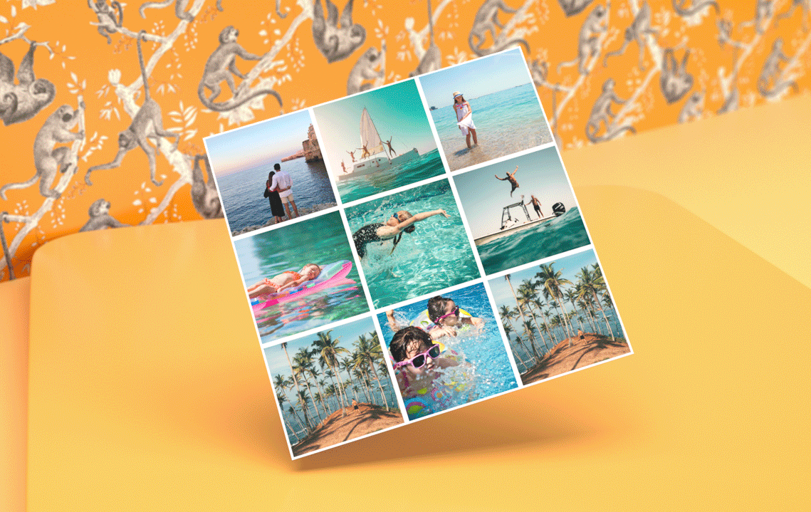 A 9 square photo magnet collage. They are colourful photos on an orange background