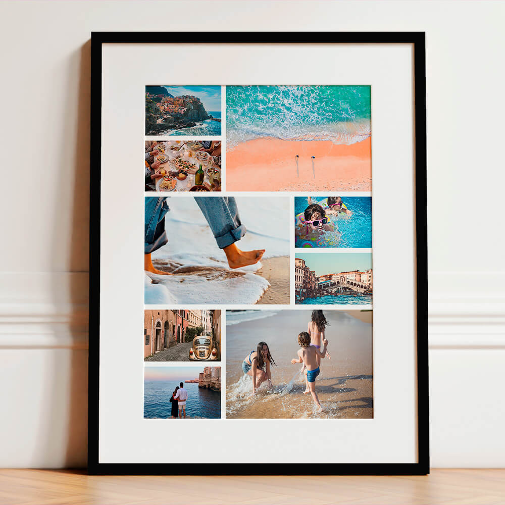 Framed and mounted photo print featuring a beach-themed collage with family and travel moments, presented in a sleek black frame with white mount